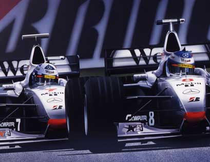 Mika Häkkinen leads David Coulthard en route to the 1998 World Drivers' Championship. McLaren Mercedes MP4/13.
